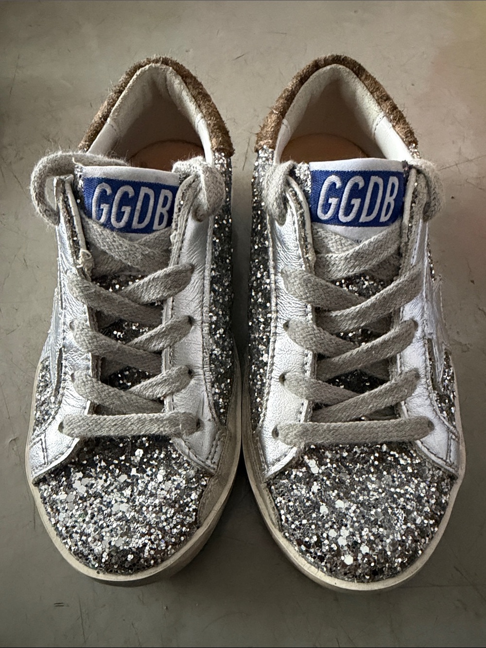 Kids Golden Goose silver glitter with leopard lace up stylish sneakers size 28